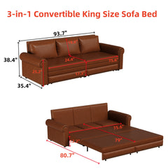 Chesterfield Sofa,93.7" King Pull Out Sofa Bed, 3-in-1 Faux Leather Convertible Sleeper Sofa with Nailhead Trim & Rolled Arm,Multi-Functional Sofa Bed,Light Brown(new sku:W1885S00095/W1885S00034)
