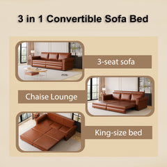Chesterfield Sofa,93.7" King Pull Out Sofa Bed, 3-in-1 Faux Leather Convertible Sleeper Sofa with Nailhead Trim & Rolled Arm,Multi-Functional Sofa Bed,Light Brown(new sku:W1885S00095/W1885S00034)