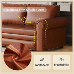 Chesterfield Sofa,93.7" King Pull Out Sofa Bed, 3-in-1 Faux Leather Convertible Sleeper Sofa with Nailhead Trim & Rolled Arm,Multi-Functional Sofa Bed,Light Brown(new sku:W1885S00095/W1885S00034)