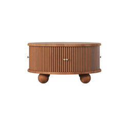 Round Fluted Coffee Table with Storage, Pine Solid Wood, Sliding Door, Walnut, 31.8"