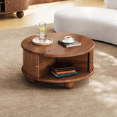 Round Fluted Coffee Table with Storage, Pine Solid Wood, Sliding Door, Walnut, 31.8"