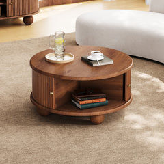 Round Fluted Coffee Table with Storage, Pine Solid Wood, Sliding Door, Walnut, 31.8"