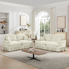 Classic 2 Piece Modular Couch Living Room Sofa Set with Flared Arms and Removable Ruffles Pleats Skirts and Spindle Legs, 2 Seater Sofa + 2-Seat Loveseat Sofa Sets for Living Room, Beige White