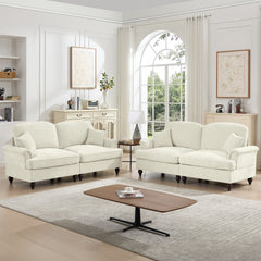 Classic 2 Piece Modular Couch Living Room Sofa Set with Flared Arms and Removable Ruffles Pleats Skirts and Spindle Legs, 2 Seater Sofa + 2-Seat Loveseat Sofa Sets for Living Room, Beige White