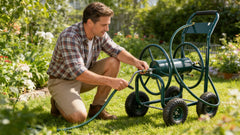 Garden Hose Reel Cart - 4 Wheels Portable Garden Hose Reel Cart with Storage Basket Rust Resistant Heavy Duty Water Hose Holder