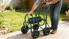 Garden Hose Reel Cart - 4 Wheels Portable Garden Hose Reel Cart with Storage Basket Rust Resistant Heavy Duty Water Hose Holder