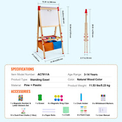 3-in-1 Kids Art Easel Double-Sided Wooden Magnetic Whiteboard Chalkboard