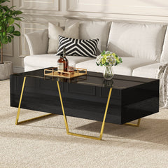 Modern Rectangular High Gloss Coffee Table for Living Room with Storage and Gold Base, 4 drawers, Black, 47.2"