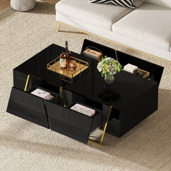 Modern Rectangular High Gloss Coffee Table for Living Room with Storage and Gold Base, 4 drawers, Black, 47.2"