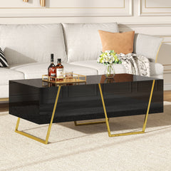 Modern Rectangular High Gloss Coffee Table for Living Room with Storage and Gold Base, 4 drawers, Black, 47.2"