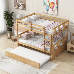 Full Over Full Rubber Wood Bunk Bed with Trundle, Ladder and Guardrails, Convertible to 2 Full Size Beds, with Twin Size Trundle,White Oak