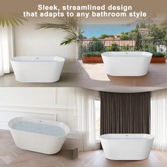 55" Acrylic Freestanding Bathtub, Stand Alone Soaking Tub, Glossy White Acrylic, Toe-tap Chrome Drain, cUPC Certified