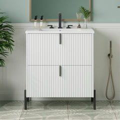 30" Bathroom Vanity with Ceramic Sink, Equipped with Vertical Pulls and Full-Extension Drawers, Freestanding Bathroom Vanity with Soft Close Drawer Slides, Fluted Design, White