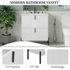 30" Bathroom Vanity with Ceramic Sink, Equipped with Vertical Pulls and Full-Extension Drawers, Freestanding Bathroom Vanity with Soft Close Drawer Slides, Fluted Design, White