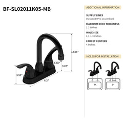 Bothwa Home 12.06" CUPC Certified 2-handle Bathroom Sink Faucet (Matt Black Finish)