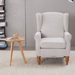 Coffee Table & Armchair Set,Vintage Luxury Style, a high-back comfortable reading chair (beige) & a solid wood coffee table (Natural Wood) , suitable for living rooms and bedroom relaxation areas.