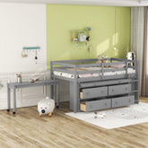 Twin Size Loft Bed with Retractable Writing Desk and 4 Drawers, Wooden Loft Bed with Lateral Portable Desk and Shelves, Gray