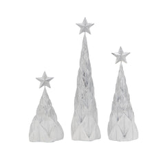 Set of 3 Resin White/Silver Foil Christmas Tree With Star Top, L:4x4x16" M:4x4x12" S:4.5x4.5x8.8"