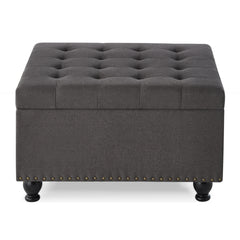 Large square storage ottoman with wooden legs, Upholstered button tufted coffee table with nail trims for Living Space,Dark Grey