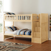 Twin Over Twin Bunk Bed Reversible Storage Step Drawers Natural Pine Finish Guard Rails Wooden Bedroom Furniture 1pc