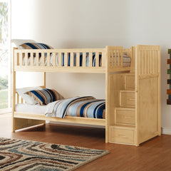 Twin Over Twin Bunk Bed Reversible Storage Step Drawers Natural Pine Finish Guard Rails Wooden Bedroom Furniture 1pc