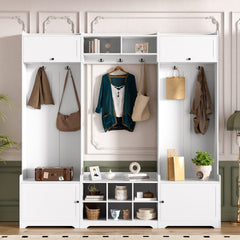 VIBE HAUS 79.1''Wide Modern Hall Tree with Shoe Storage, 4-in-1 Entryway Bench with 8 Cubbies, 7 Coat Hooks & Adjustable Shelf for Hallway, living room, White