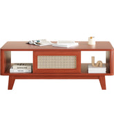 Coffee Table, Mid Century Living Room Tables with Storage, Modern Square with Rattan Drawer, Wooden Living Room Table with Solid Wood Leg