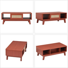 Coffee Table, Mid Century Living Room Tables with Storage, Modern Square with Rattan Drawer, Wooden Living Room Table with Solid Wood Leg