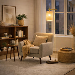Tall Corner Floor Lamp, Standing Light for Living Room, Bedroom & Office Space Illumination Brizo Bamboo Lampshade Floor Lamp Dark brown and Bronze 110V