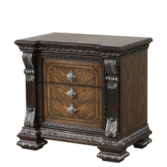 Ornate Molding Silver Brushed Nightstand 1pc USB Port Ball Bearing Glide French And English Dovetail Drawers Espresso Finish Bedroom Furniture