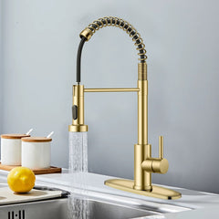 Kitchen Faucet with Pull Down Sprayer Industrial 1 Handle 1 Hole Or 3 Hole Faucet for Farmhouse Camper Laundry Utility Rv Wet Bar Sinks, Stainless Steel, Brushed Gold