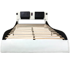 Faux Leather Upholstered Platform Bed Frame with led lighting, Bluetooth connection to play music control, Backrest vibration massage, Curve Design, Wood Slat Support, Exhibited Speakers, King Size