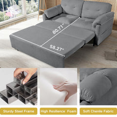 Convertible Pull-Out Queen Sleeper Sofa, 3-in-1 Sofa Bed with Side Storage & 8 Silent Casters, Thick Padded Chenille Loveseat for Living Room, Bedroom, Apartment, Grey