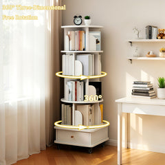 5 Tier Rotating Bookshelf, 360° Display Round Spinning Bookshelf with Wheels and Drawer, Space-Saving, Small Space Rotating Bookshelf Tower for Bedroom, Living Room, Home, Office, Warm White