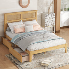 Full Size Bed with Rattan Headboard, Two Storage Drawers, Rubber Wood Bed with Enhanced Support Slats and Feet,White Oak