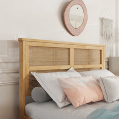 Full Size Bed with Rattan Headboard, Two Storage Drawers, Rubber Wood Bed with Enhanced Support Slats and Feet,White Oak