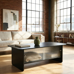 47"rectangular modern minimalist coffee table with glass sliding door storage center, suitable for living room, bedroom, office, easy to assemble, black