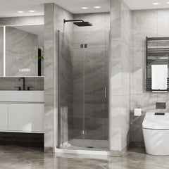 Goodyo 34"x 72" Bifold Frameless Glass Shower Door 1/4 inch Tempered Clear Glass Pivot Swing Shower Panel in Chrome Finish, Foldable