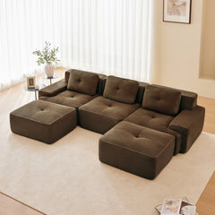 117" Modern U-Shaped Modular Sectional Sofa for Living Room, Corduroy Fabric, 3-Seater Couch with Deep Seat and Movable Ottoman,Pearl-like piping, Tufted Design,No Assembly, Anti-slip Design,Brown