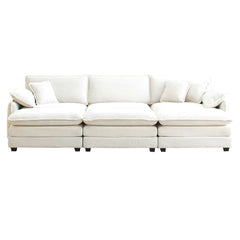 Mid-Century Modern 3-Seater Sectional Sofa with 2 Arm Pillows and 3 Throw Pillows, Beige Corduroy Fabric