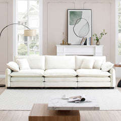 Mid-Century Modern 3-Seater Sectional Sofa with 2 Arm Pillows and 3 Throw Pillows, Beige Corduroy Fabric