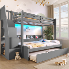 Twin over Full Bunk Bed with Storage Staircase, Trundle, Storage Shelves, LED and USB, Grey