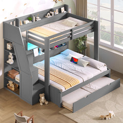 Twin over Full Bunk Bed with Storage Staircase, Trundle, Storage Shelves, LED and USB, Grey