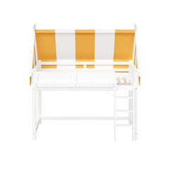 Twin Size Loft Bed with Canopy, LED Lights & Book Shelf, White