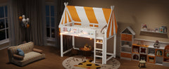 Twin Size Loft Bed with Canopy, LED Lights & Book Shelf, White