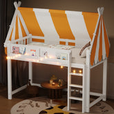 Twin Size Loft Bed with Canopy, LED Lights & Book Shelf, White