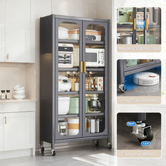 65" Kitchen Pantry Storage Cabinet, 6 Tier Metal Display Storage Cabinet with Transparent Door, Adjustable Shelves & Wheels, Food Pantries Cabinets, for Kitchen, Living Room and Dining Room, Gray