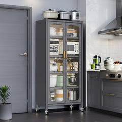 65" Kitchen Pantry Storage Cabinet, 6 Tier Metal Display Storage Cabinet with Transparent Door, Adjustable Shelves & Wheels, Food Pantries Cabinets, for Kitchen, Living Room and Dining Room, Gray