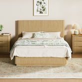 Queen Size Bed Frame with LED Lights, Modern Wooden Corrugated Curved Lines, Convex Groove Board Design, Oak.