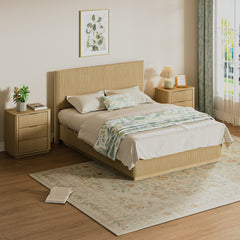 Queen Size Bed Frame with LED Lights, Modern Wooden Corrugated Curved Lines, Convex Groove Board Design, Oak.